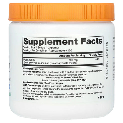 Image of High Absorption 100% Chelated Magnesium Powder 200g supplement facts